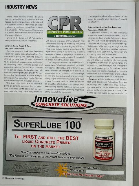 Concrete Pump Repair offers free evaluations for pump maintenance. Highlighted is SuperLube 100, a premier liquid concrete primer from Innovative Concrete Solutions.